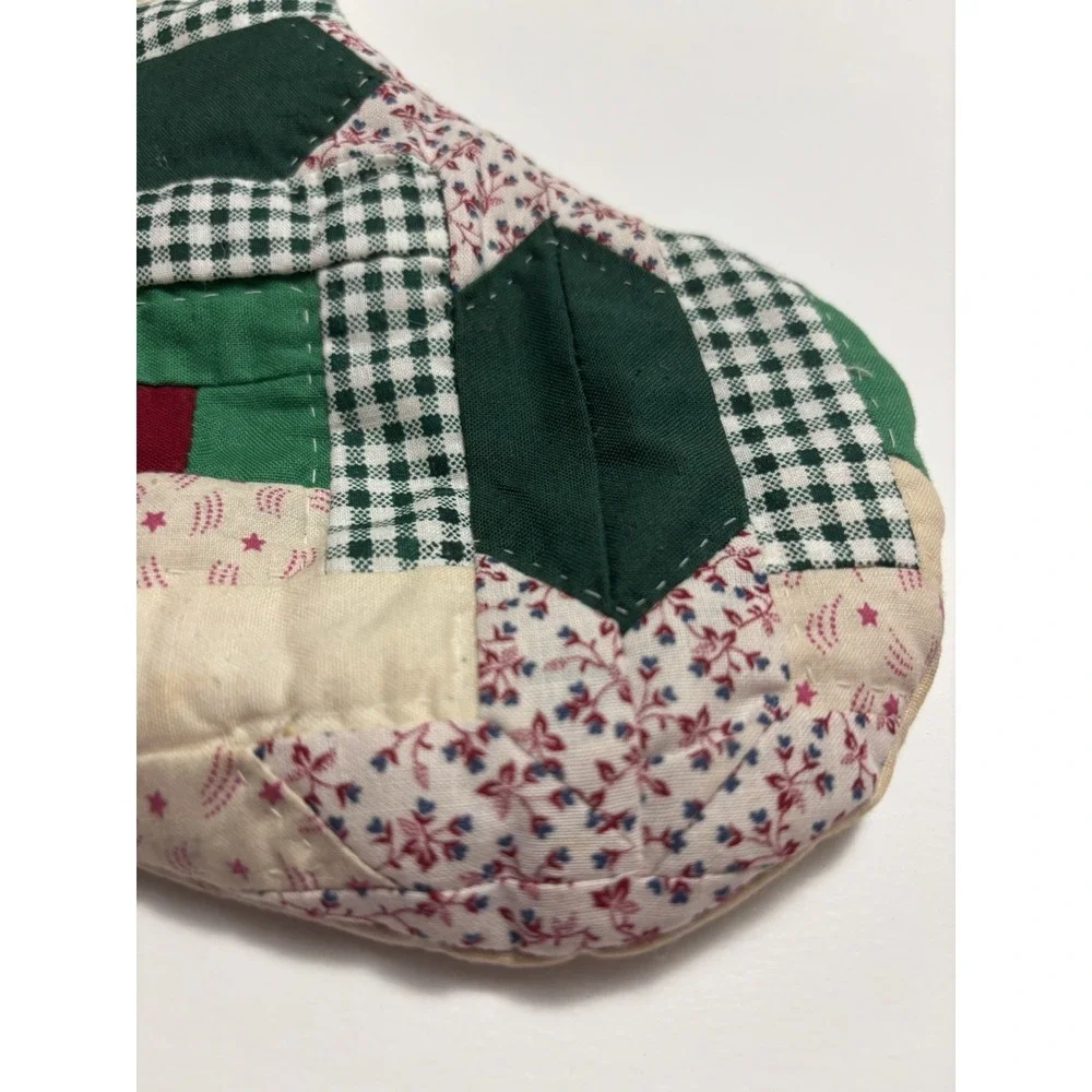 Vintage Quilted Cotton Christmas Stocking Ivory Green Cottage Country